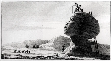 De Fransen meten de sfinx, uit Voyage en Egypte door Dominique Vivant Denon, gegraveerd door Deparc, 1802